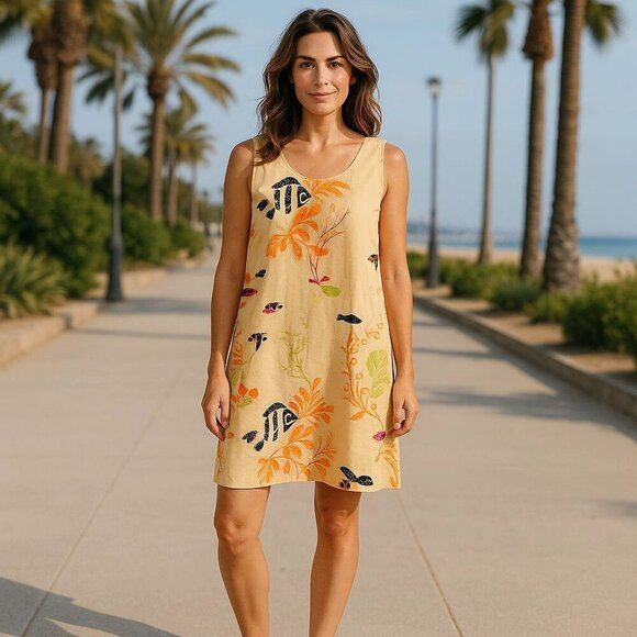 Yellow Fish Print Dress Large XL Ocean Mod Vacation Beach Sheath Boho - Picture 1 of 5